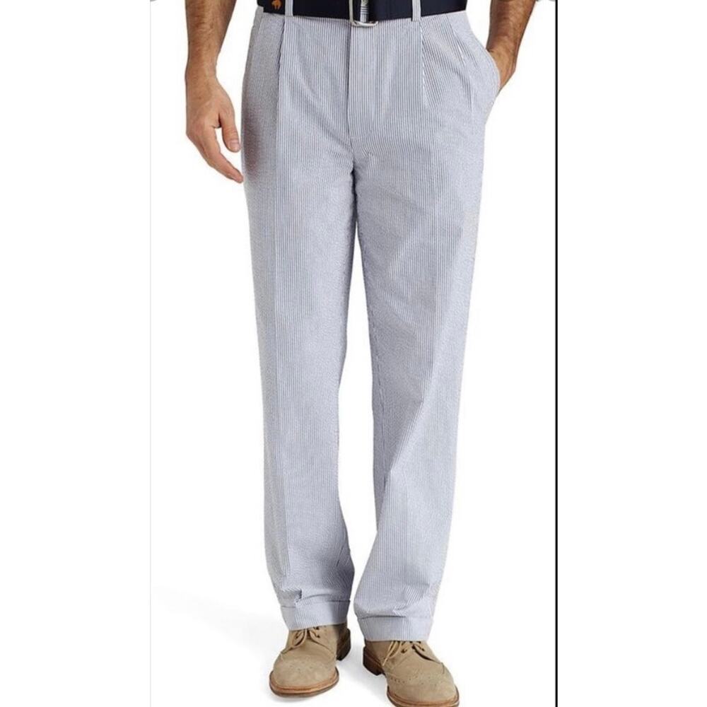 Brooks Brothers Elliot Seersucker Pleated Men's 36x34 Blue White Cuffed Pants - Picture 4 of 14